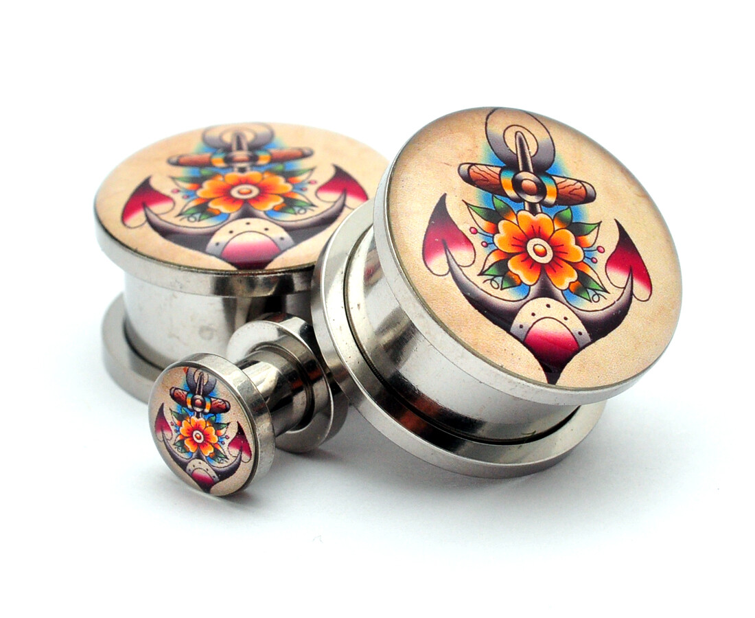Pair of Screw on Traditional Anchor Picture Plugs gauges 16g thru 1 inch