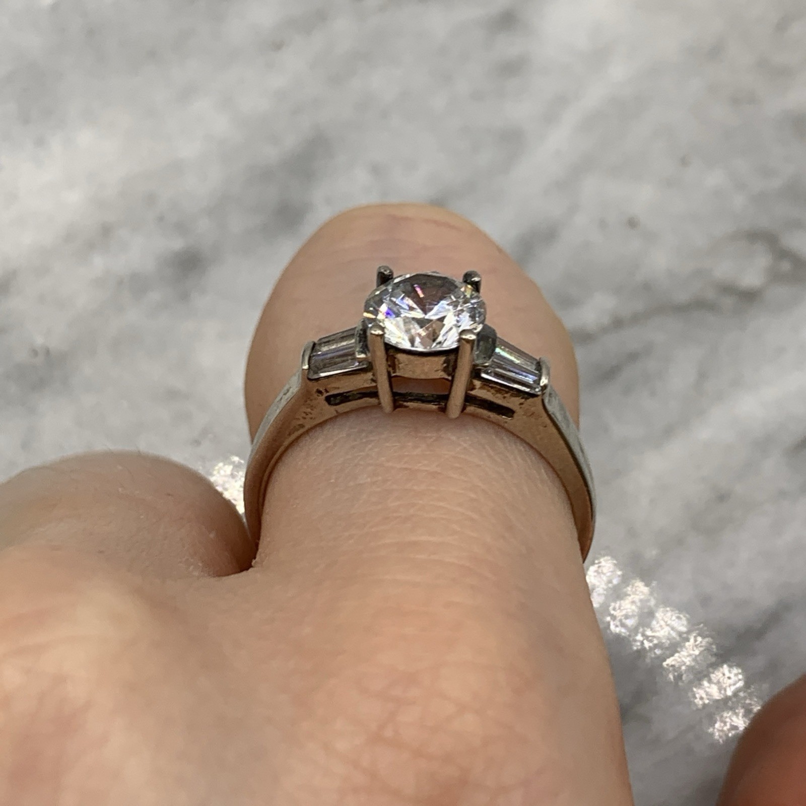 Art Deco Style Ring 925 Sterling Silver CZ Round Cut Baguette Shoulder – Size R