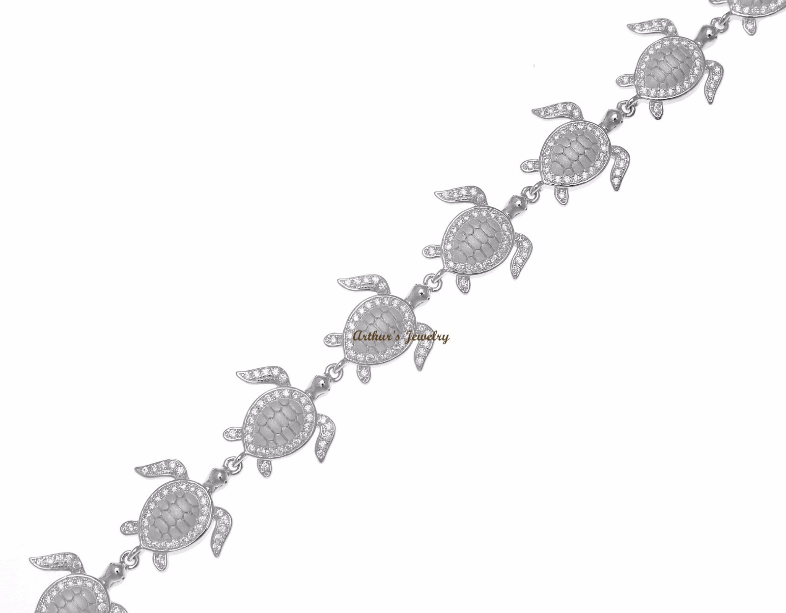 SOLID 925 STERLING SILVER HAWAIIAN SEA TURTLE LINK BRACELET CZ RHODIUM 7.5 INCH
