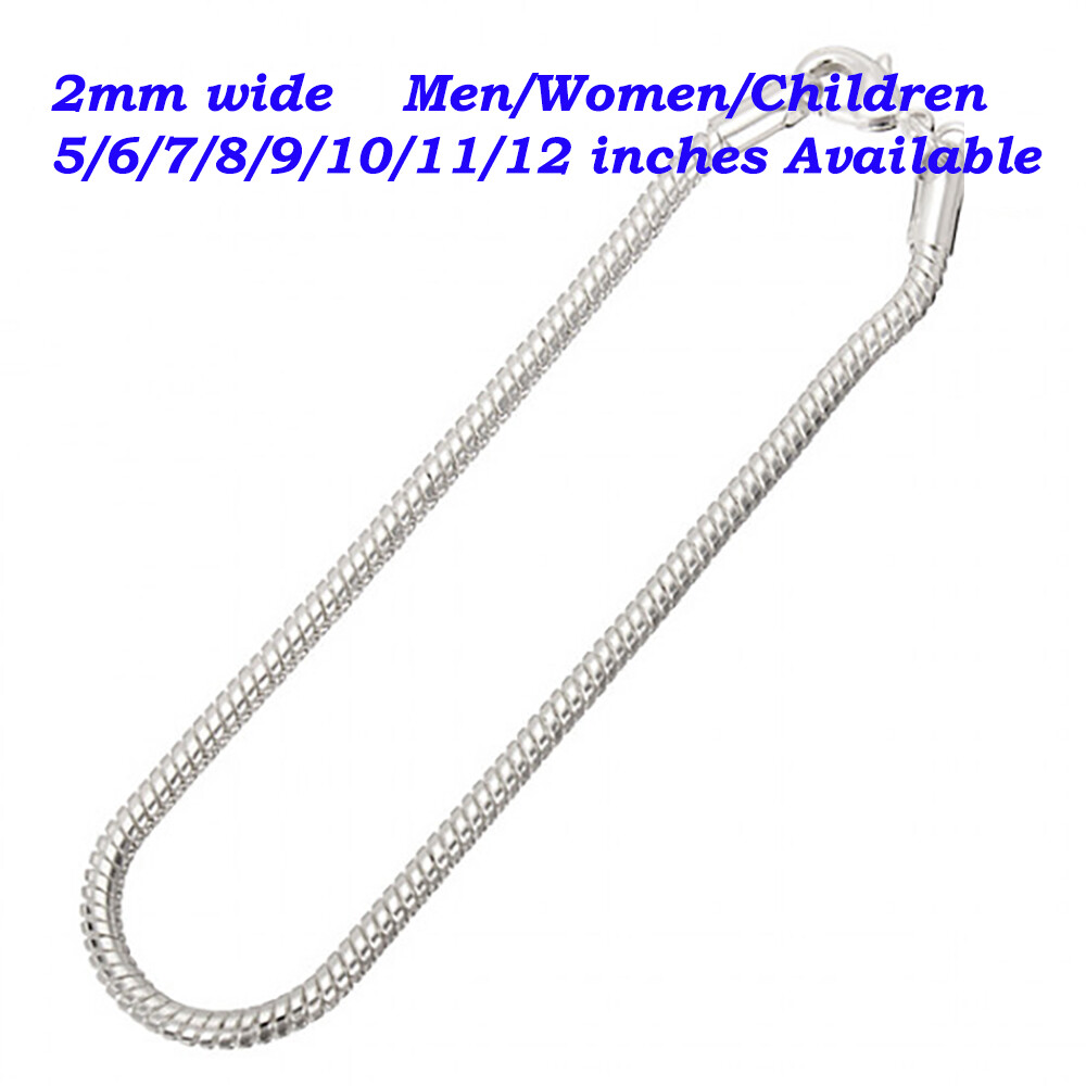Solid 925 Sterling Silver Classic Round Snake Chain Bracelet/Anklet, Many Sizes