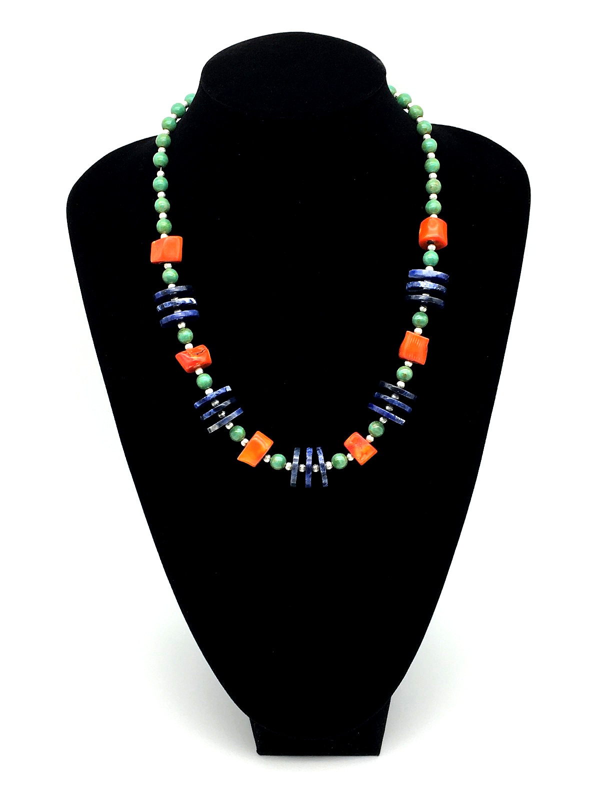 925 Lapis Discs Chalcedony Beads Coral Nuggets ST Etched Seed Beads 20″ Necklace