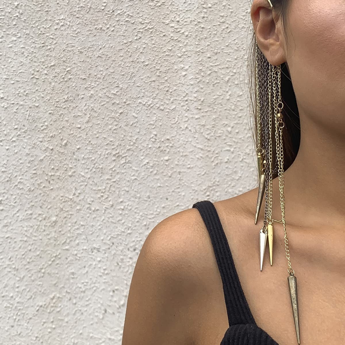 Gothic Retro Long Chain Tassel Ear Cuff Wrap 1pcs Non-Piercing Cone Bar Pendant