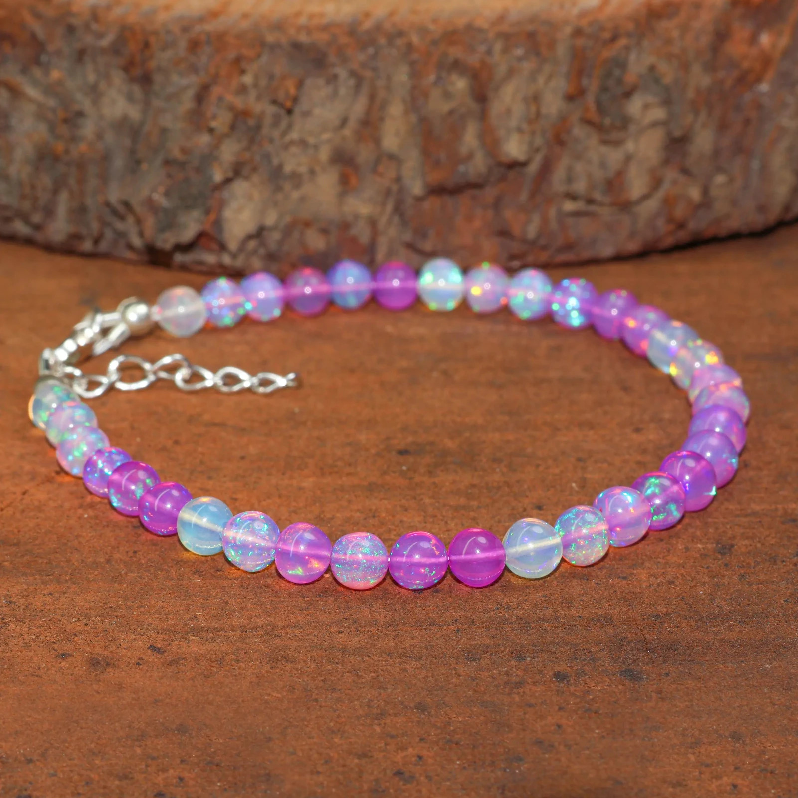 Purple Opal Gemstone Round Beads Bracelet, Genuine Fire Opal Beaded Bracelet