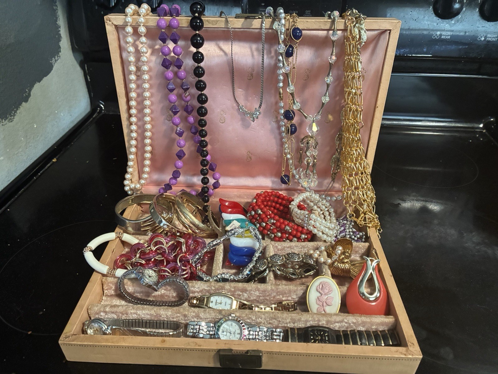 Vintage Jewelry Box Filled Costume Jewelry Lot Watches Necklaces Bracelets Mixed