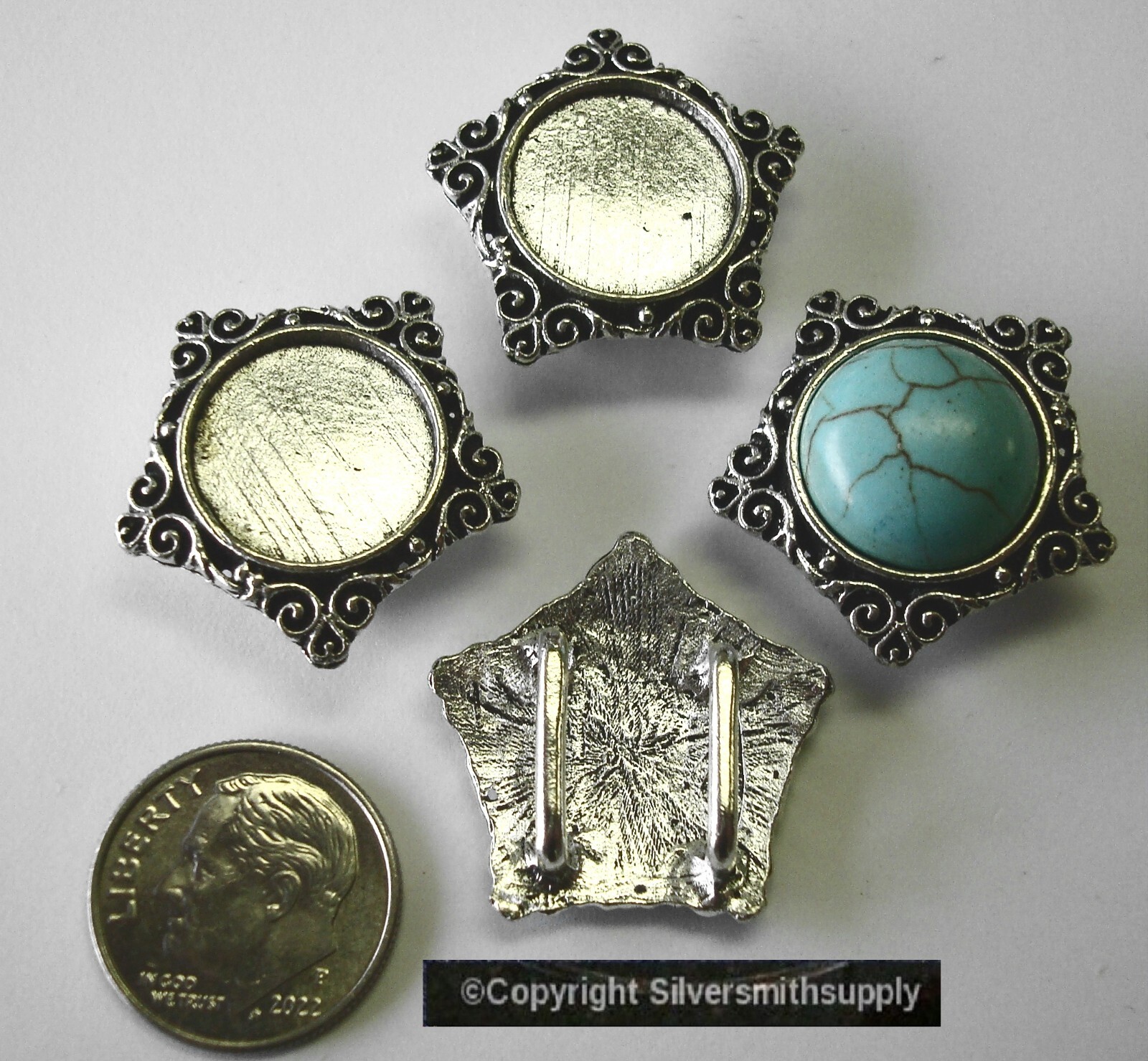 4 Bezel tray settings Silver pl hold 14mm cabochon pendant charm bracelet FPS139