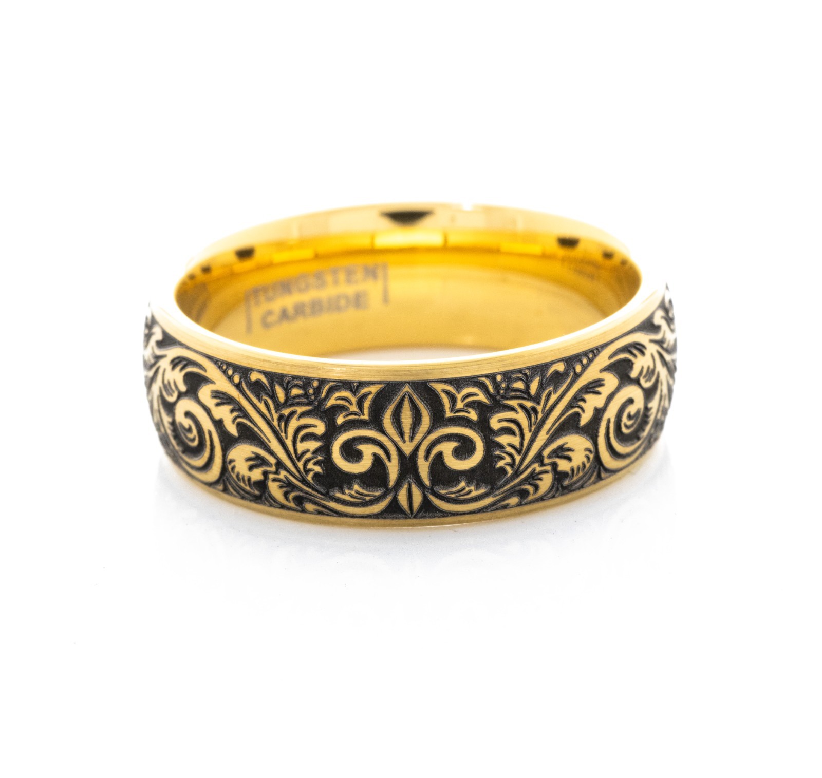 Fleur De Lis Deep Engraved Gold Plated Tungsten Ring with Victorian Engravings