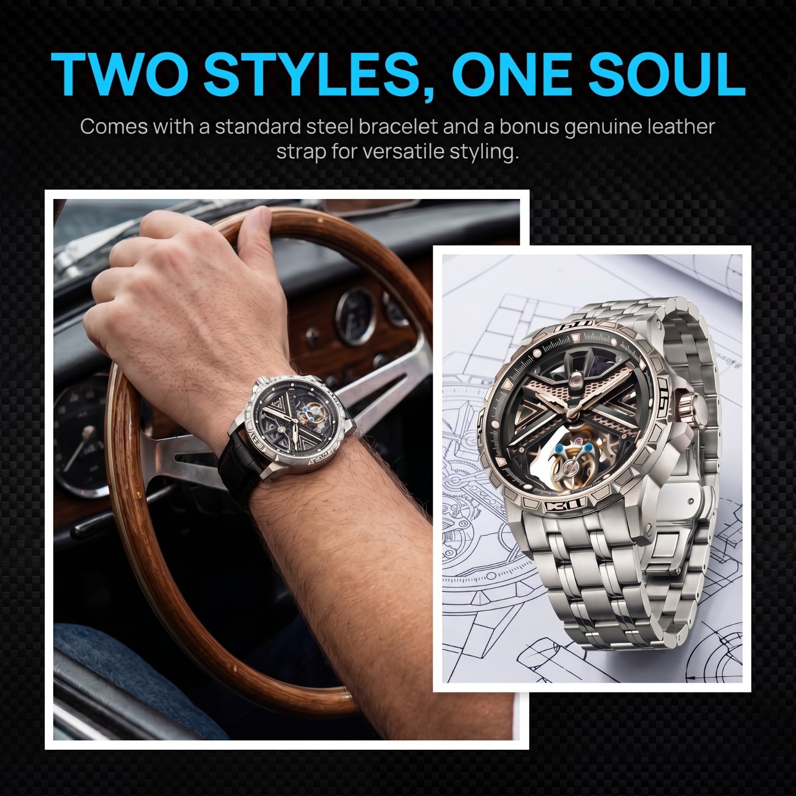 Men’s Genuine Flying Tourbillon Watch, Manual Winding Only, 42mm 316L Steel
