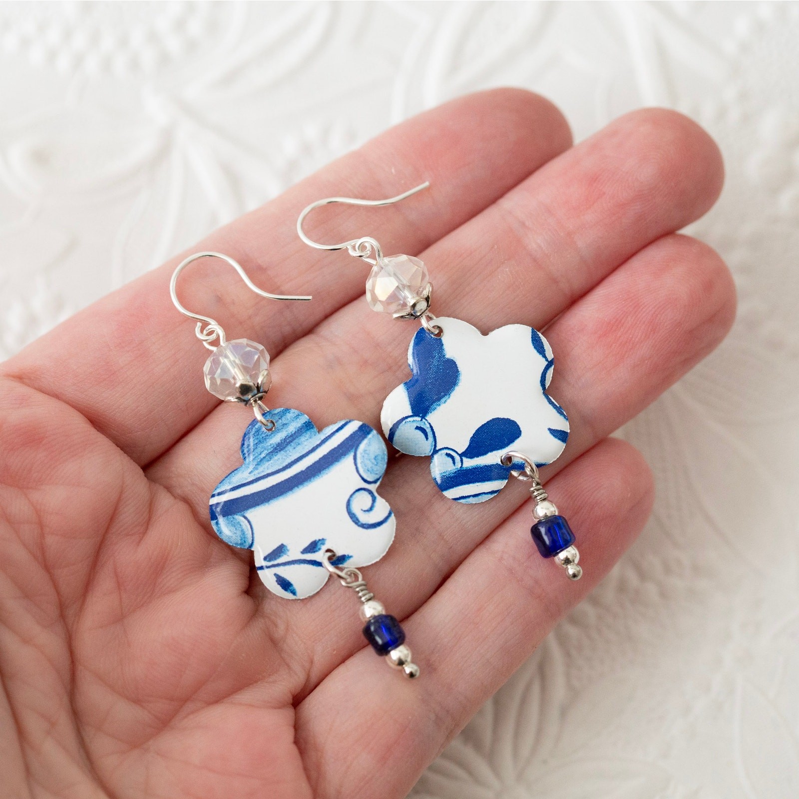 Blue White Earrings Vintage Tin Glass Beads Silver Elegant Handmade Gift
