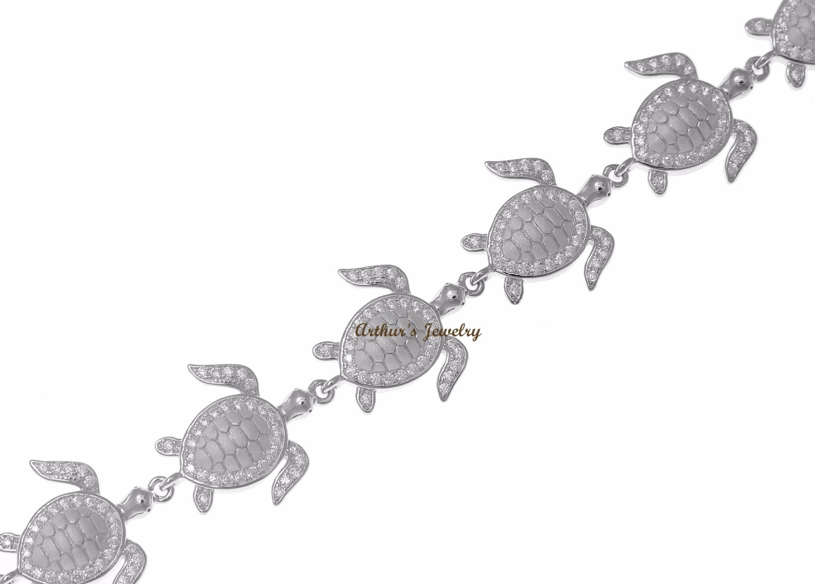 SOLID 925 STERLING SILVER HAWAIIAN SEA TURTLE LINK BRACELET CZ RHODIUM 7.5 INCH