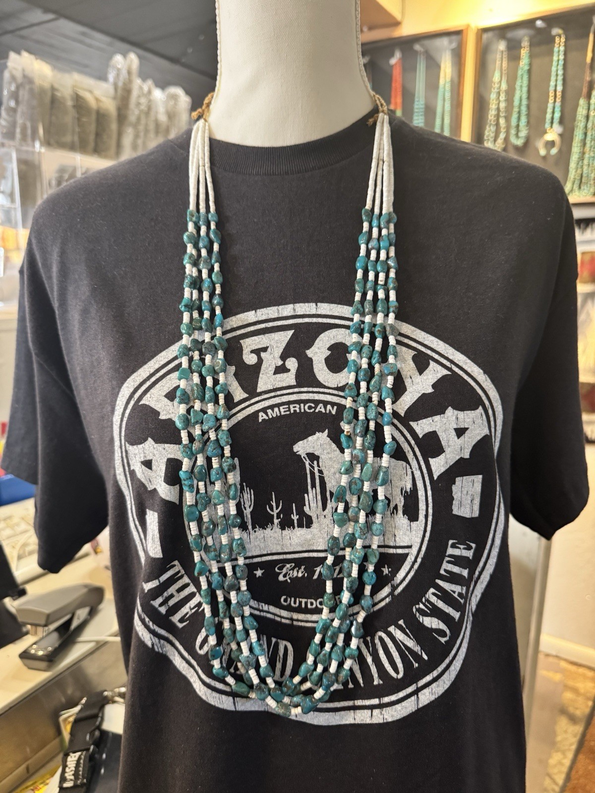 Multi-Strand Turquoise Chip & White Bead Necklace Bohemian No Clasp 26 in