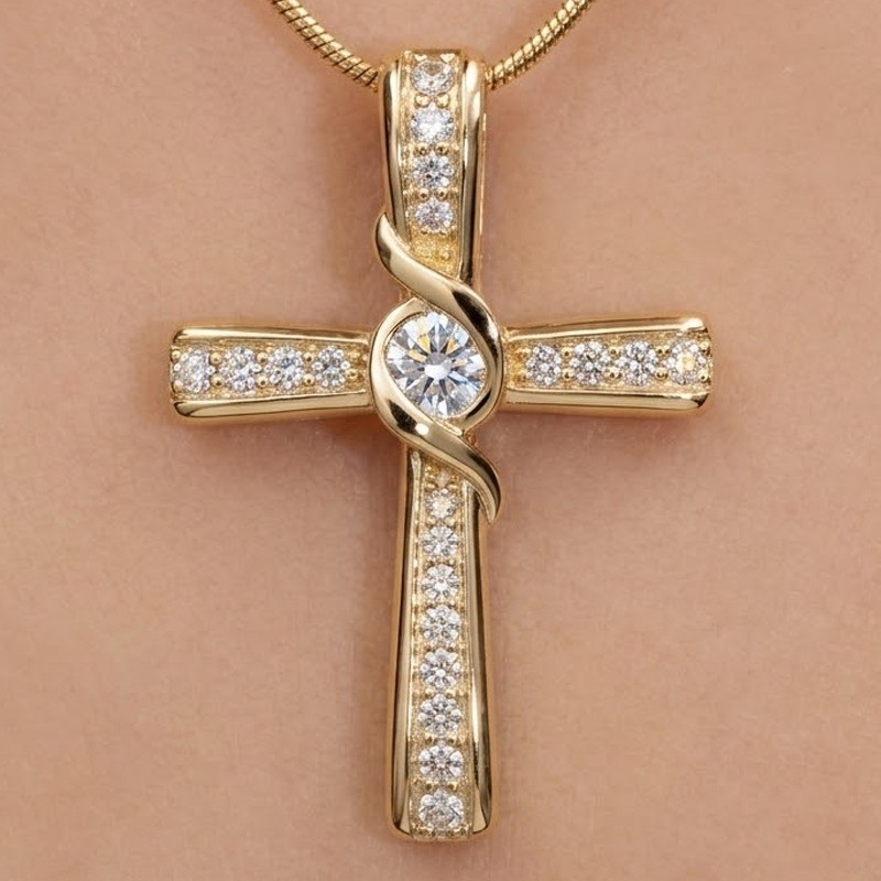 0.93 CT Round Moissanite Bezel Set Cross Pendant No Chain 14k Yellow Gold Plated