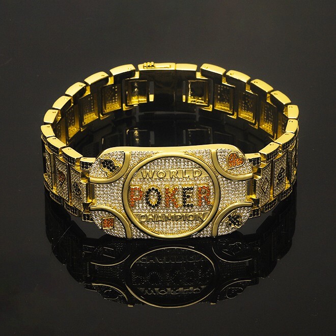 Wold Poker Champion Bracelet Brass Iced 8.5″ Simulated Diamond Gold Plated Bling