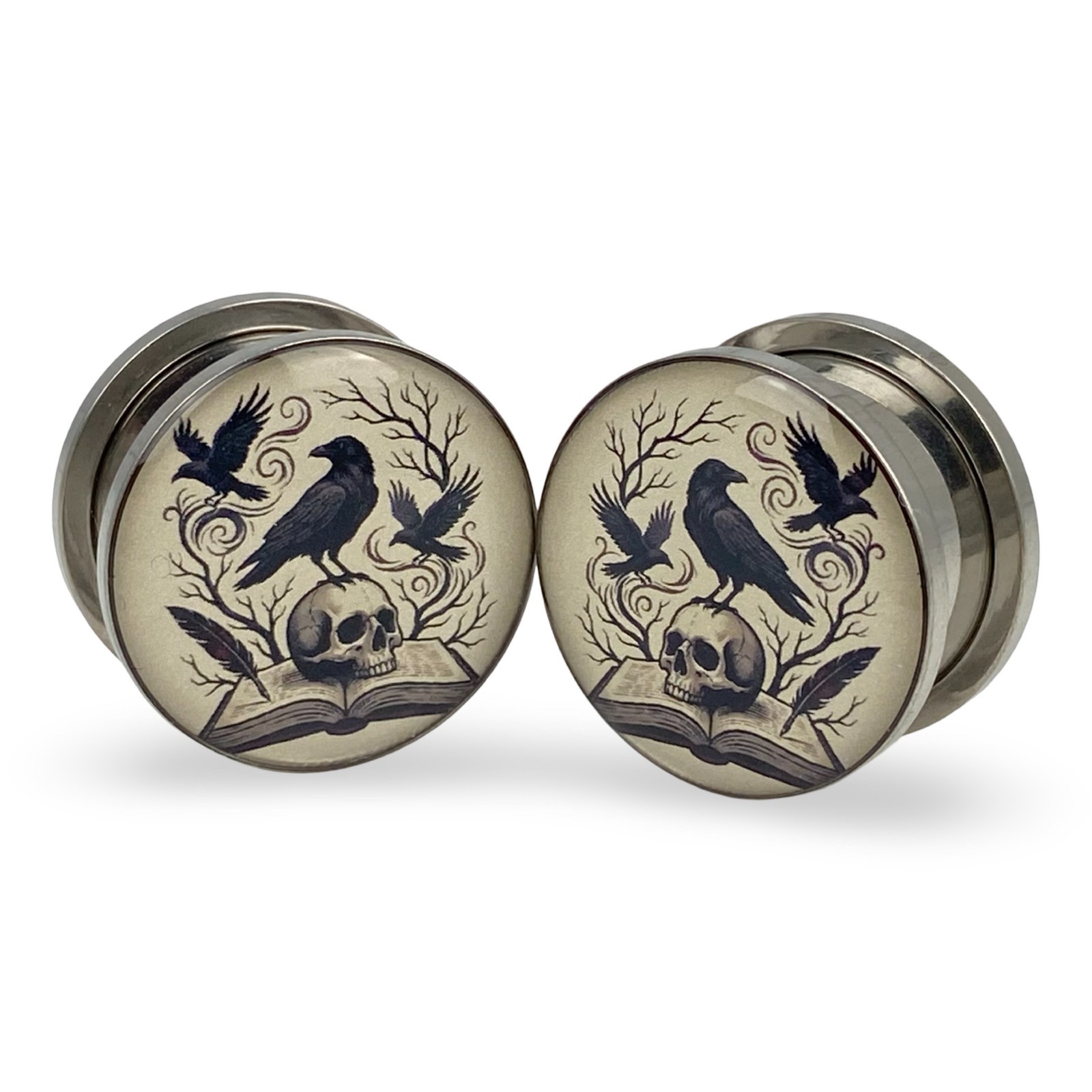 Pair of Screw on The Raven Style 2 Picture Plugs gauges