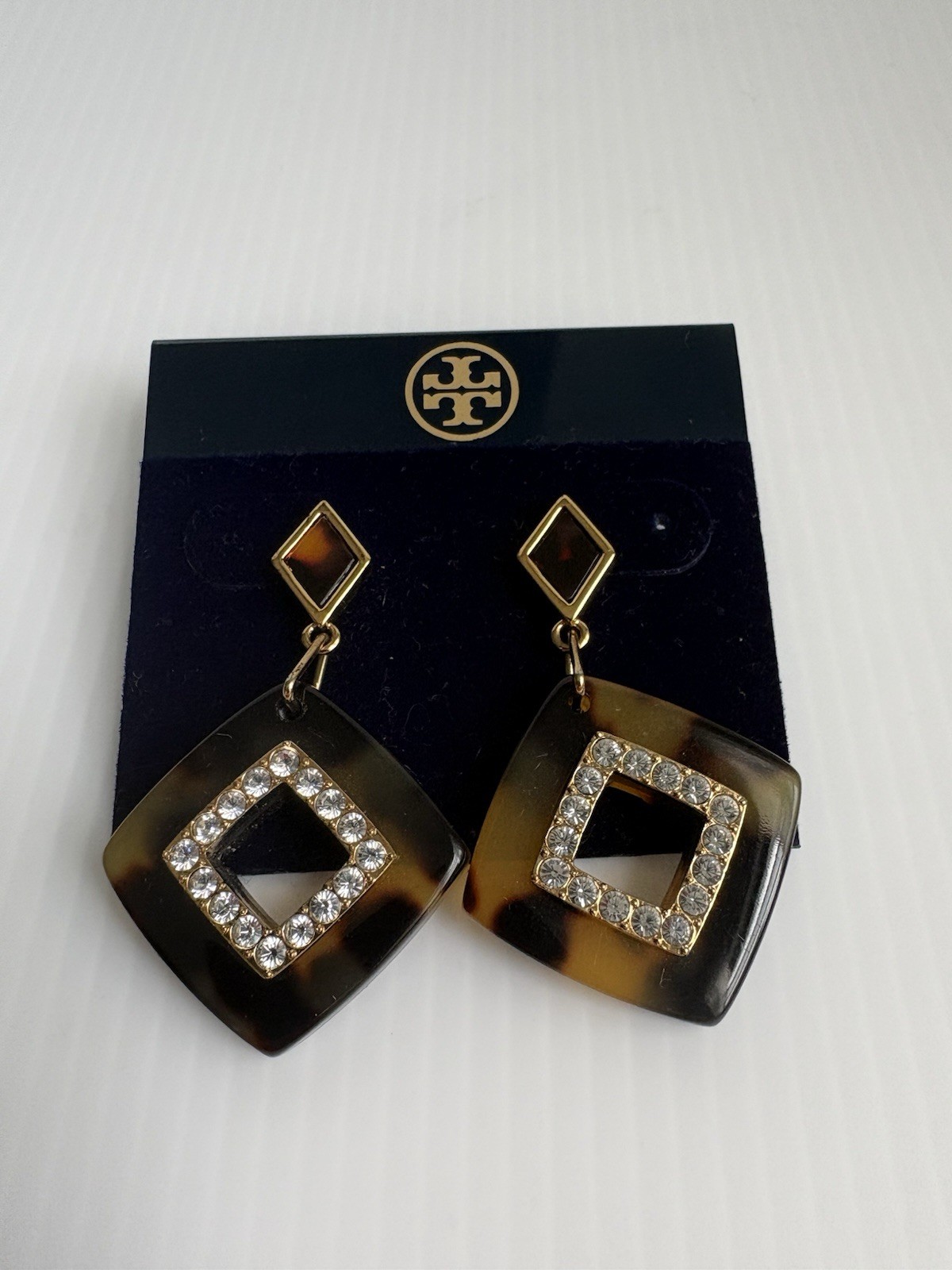 Tory Burch earrings In tortoiseshell square pendant With Crystal Halo NWT