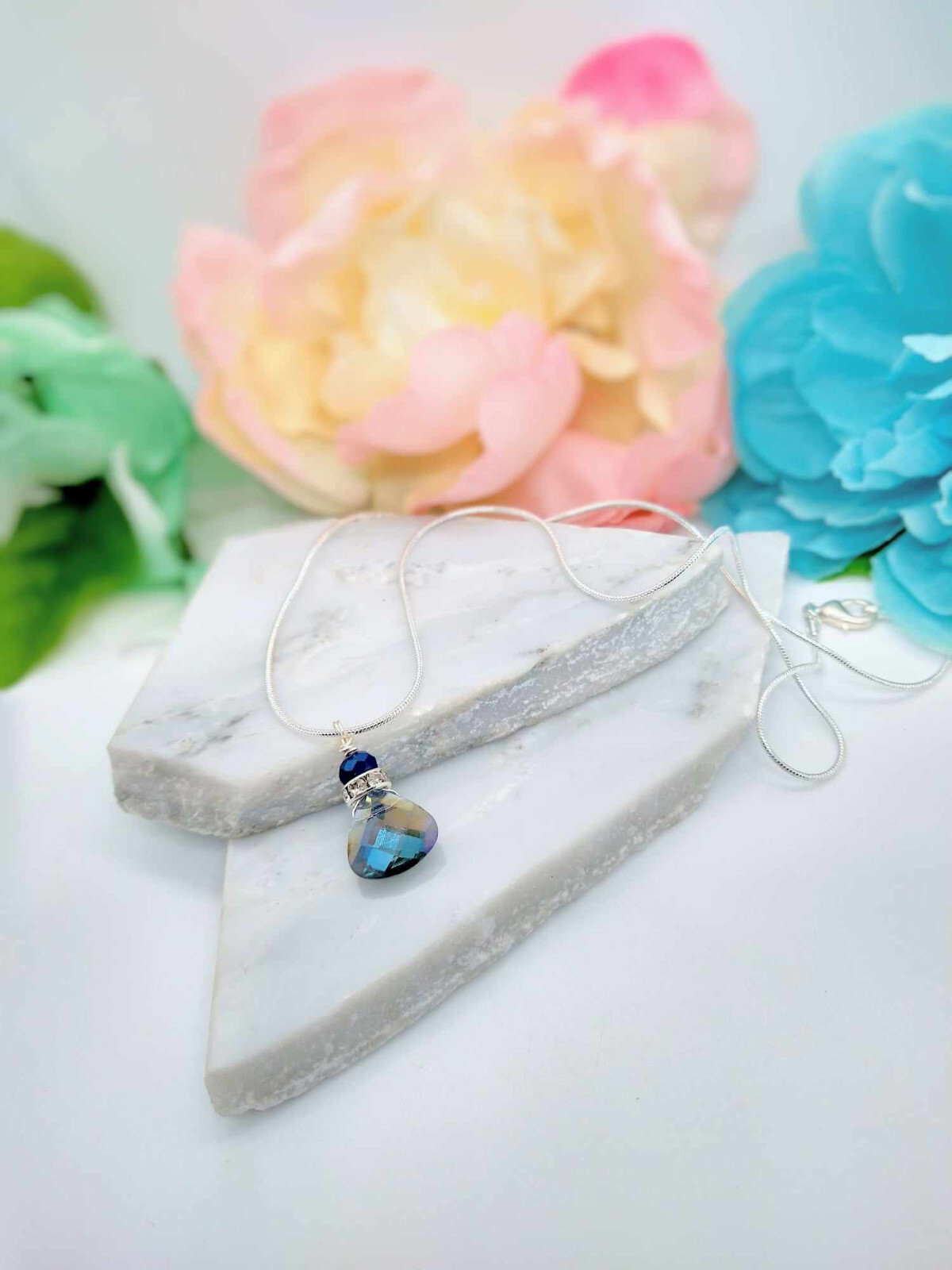 Blue Crystal Teardrop Pendant Silver Snake Chain Necklace 18 Inch, Ladies