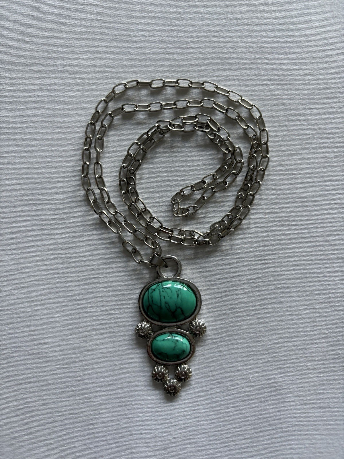 Boho Chic Vintage Style Faux Turquoise Double Tier Oval Link Pendant Necklace