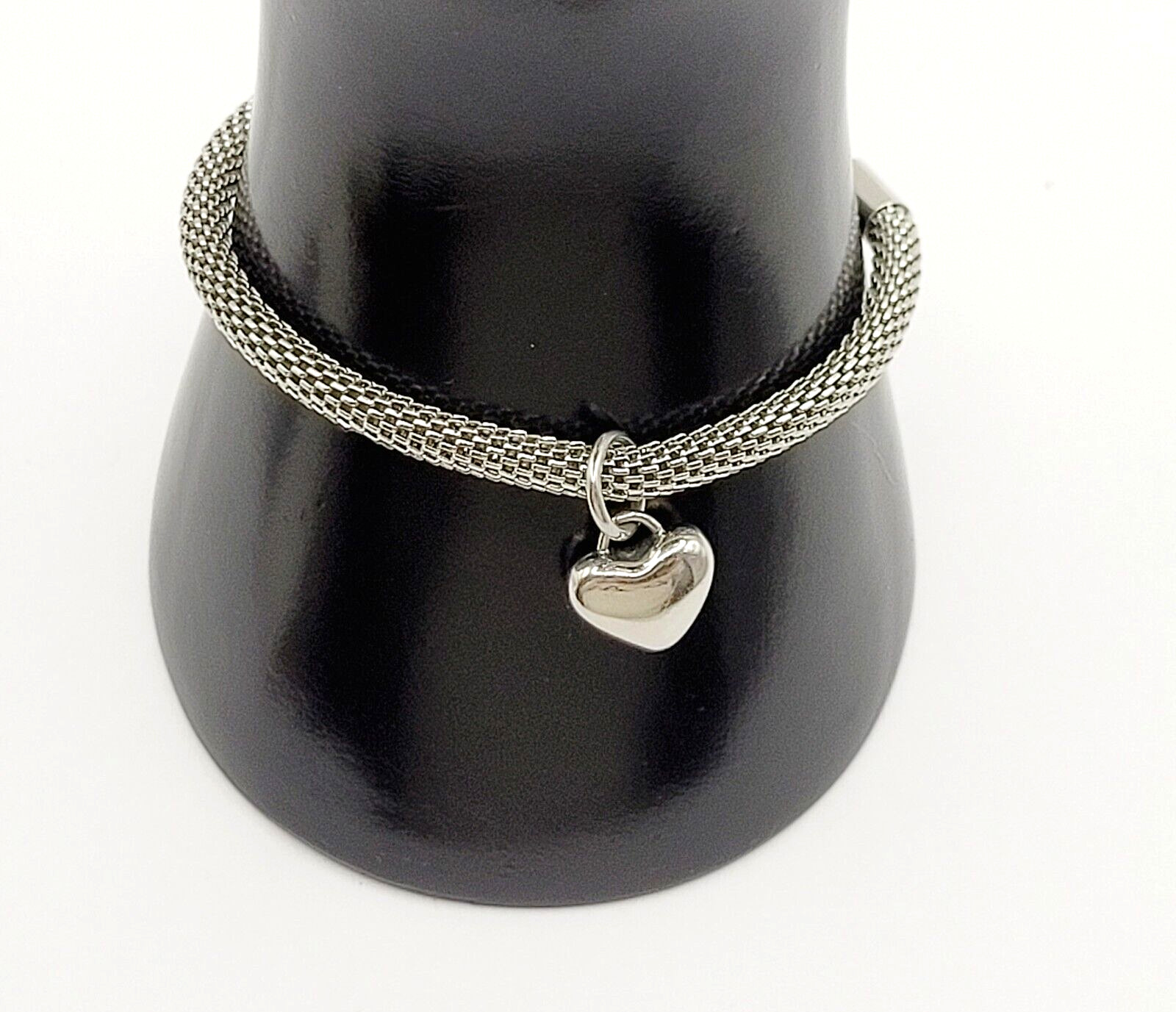 Puffy Heart Polished Charm Dangle on Silver Tone Stainless Mesh Bracelet 7 Inch