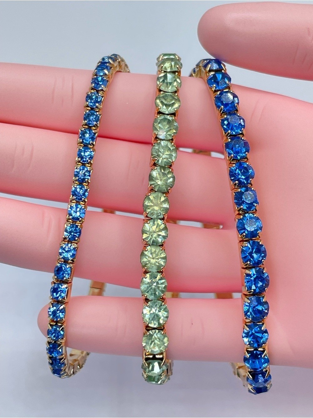 Gold Blue Green Crystal Glass Stackable Stretch Bracelet Set Boho