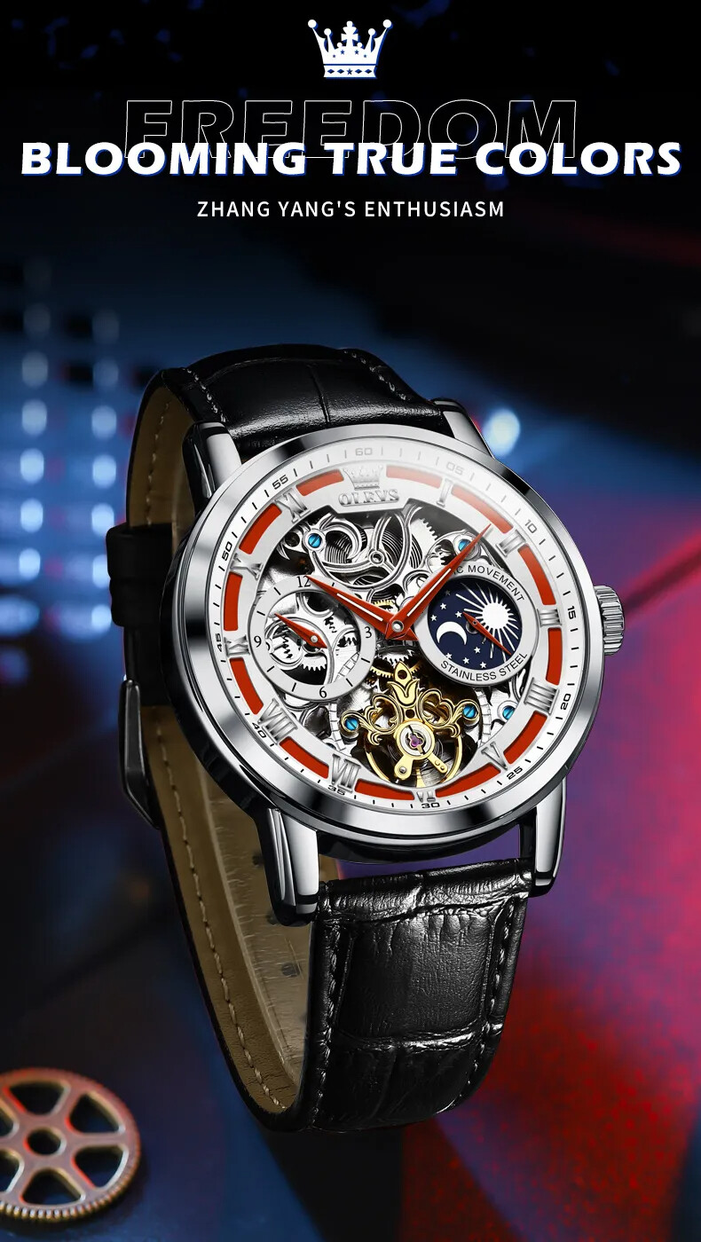 OLEVS Skeleton Self-Wind Automatic Mechanical Men’s Watch Leather Moon Phase