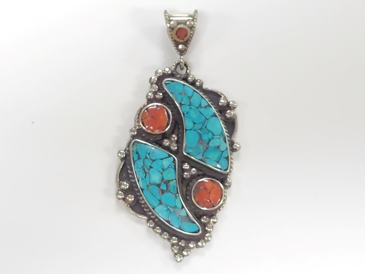 Beautiful Turquoise & Coral Sterling Silver Pendant ~ 28.5grams ~ 11-D910