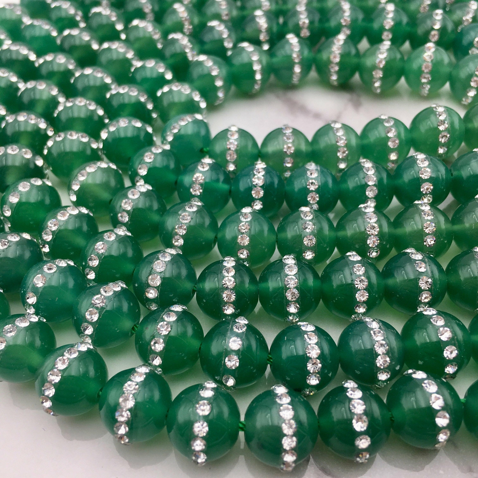 Green Agate /w Rhinestone Round Beads 6mm 8mm 10mm 15.5″ Strand