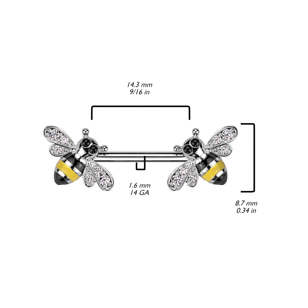 Nipple Ring Straight Barbell With CZ Bee Ends 14G Surgical Steel Sold as a Pair