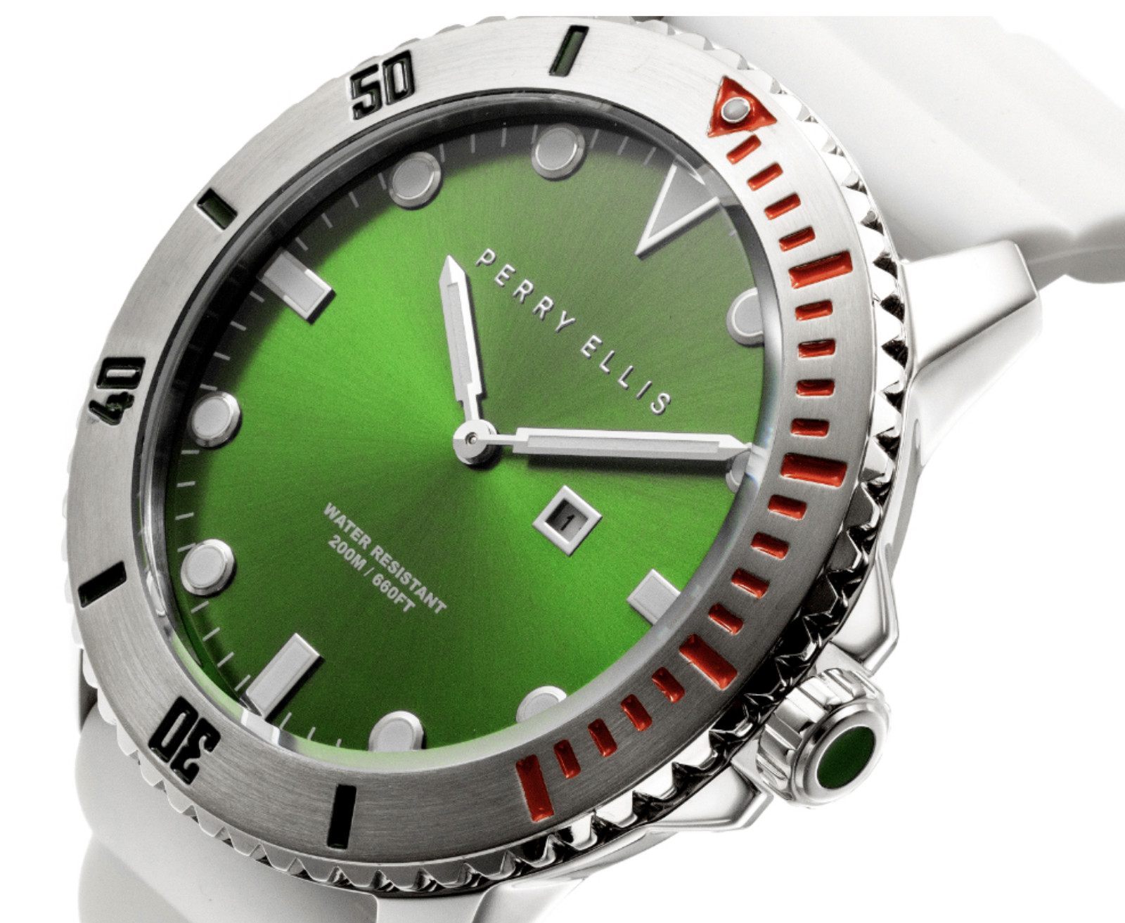 Perry Ellis 46mm Deep Diver Men’s Watch 200M WR Green Silver PEW02003-03 20ATM