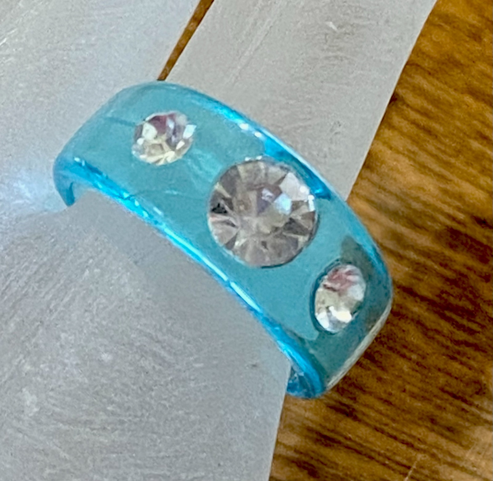 Lucite Blue Acrylic Plastic Ring Clear Rhinestones Size 6