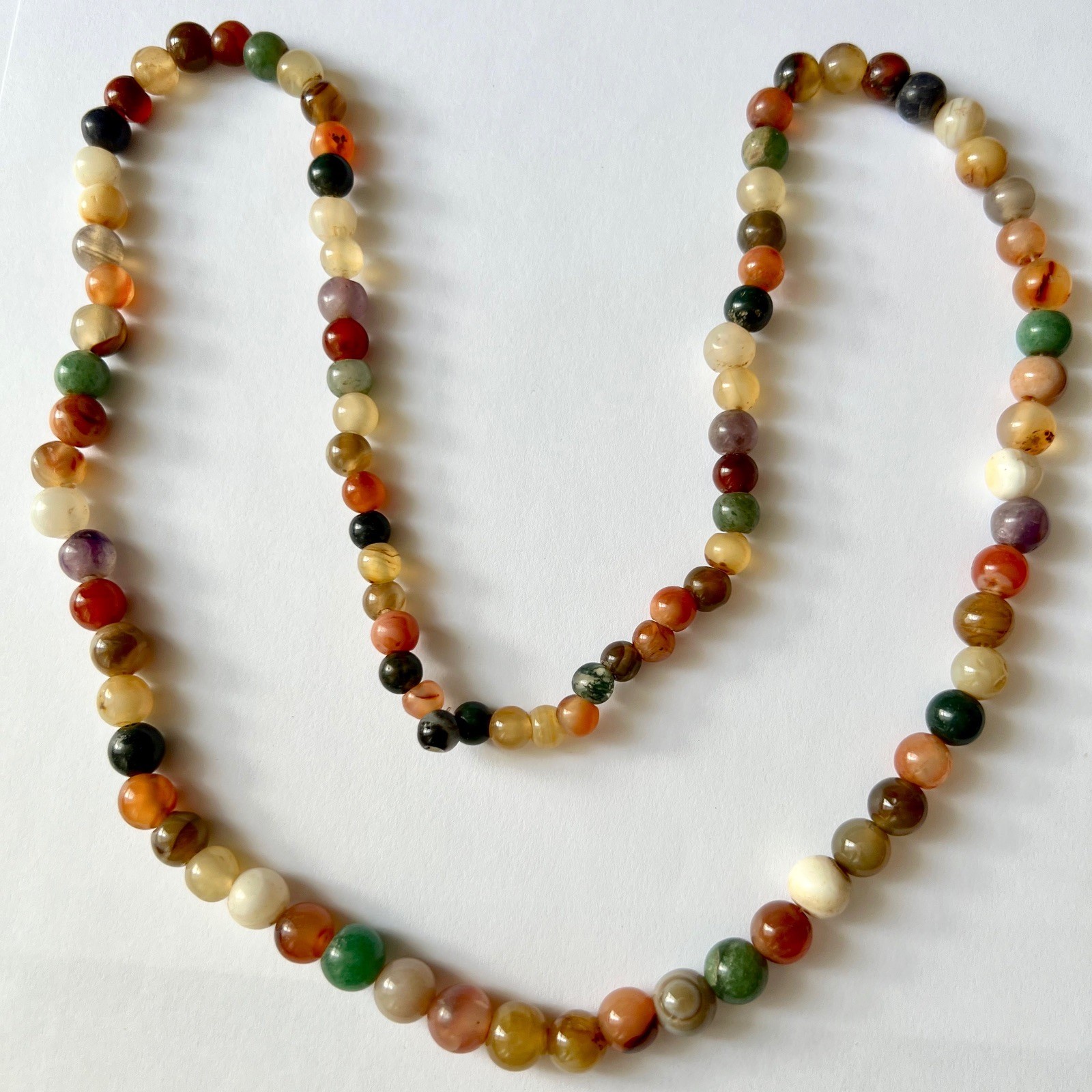 Polished Round Multicolor Agate-Beaded Rope Necklace Hand-knotted, 30″