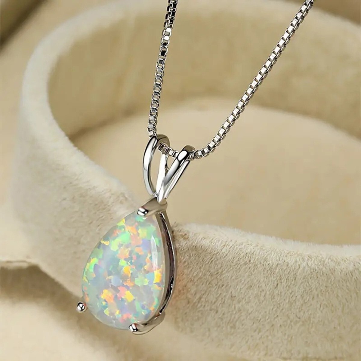 Opal Pendant Sterling Silver – Minimalist Teardrop Fire Opal Dainty Necklace