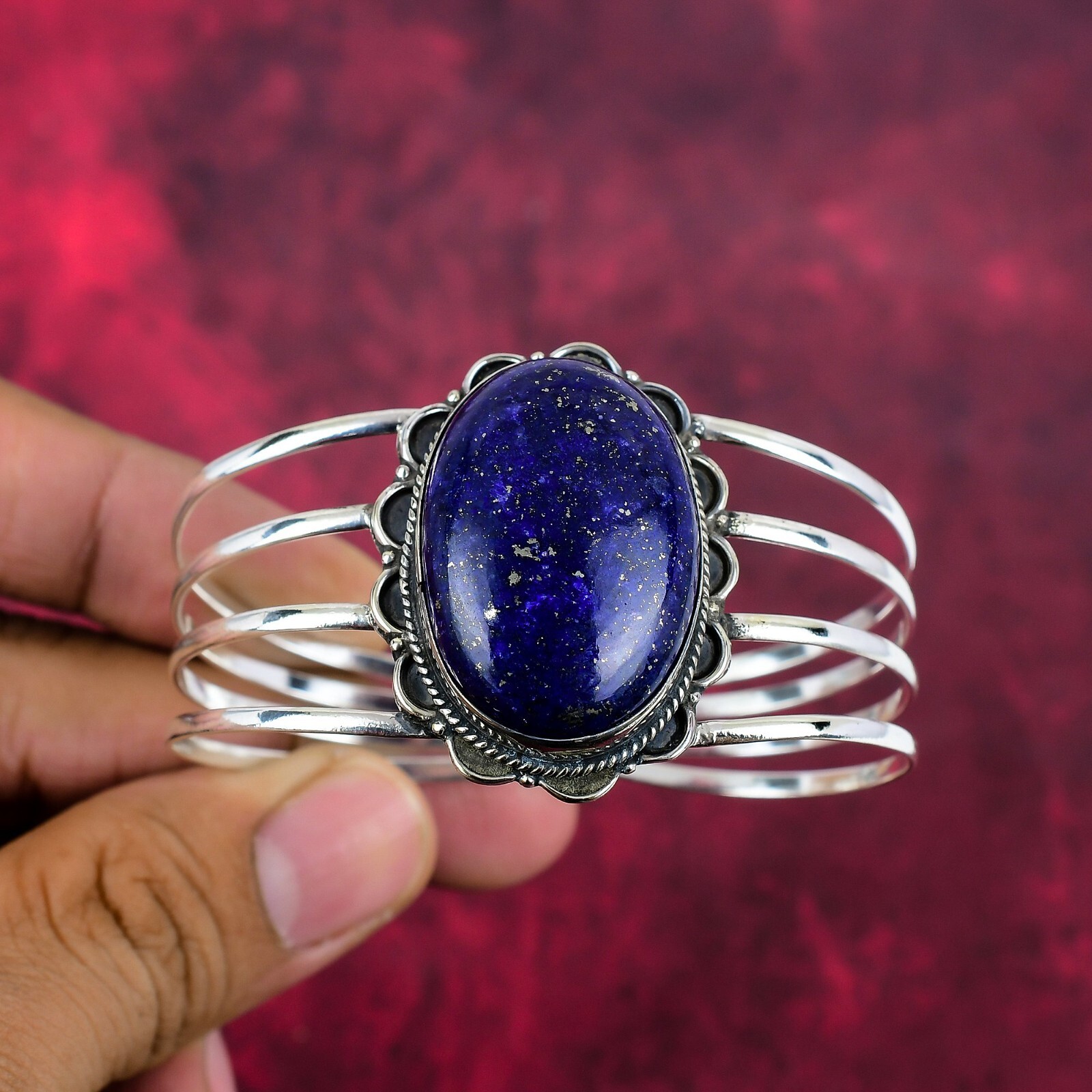 Lapis Lazuli Gemstone Handmade 925 Sterling Silver Adjustable Bangle Jewelry