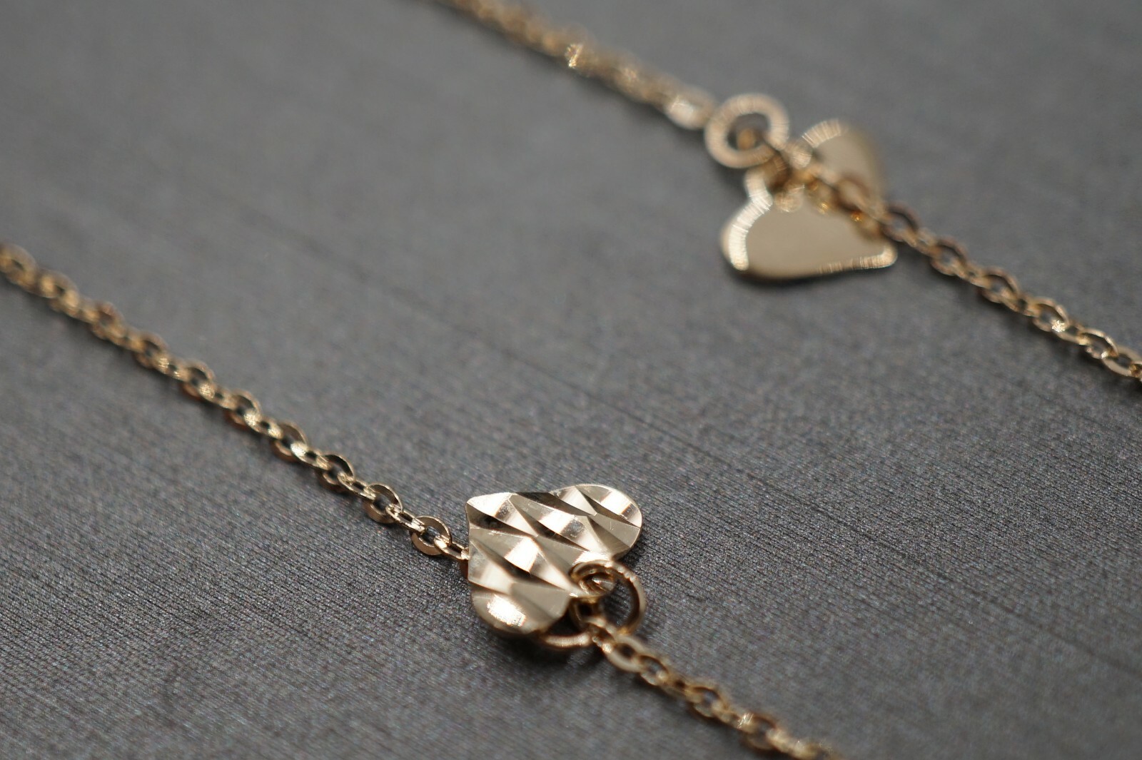 14K Solid Yellow Gold Light Fancy Diamond Cut Heart Charm Ankle Bracelet. 9″+1″