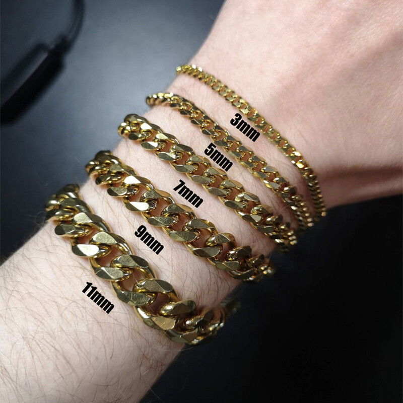 Mens Womens 3/5/7/9/11mm Curb Cuban Chain Bracelet Gold Plated Stainless Steel