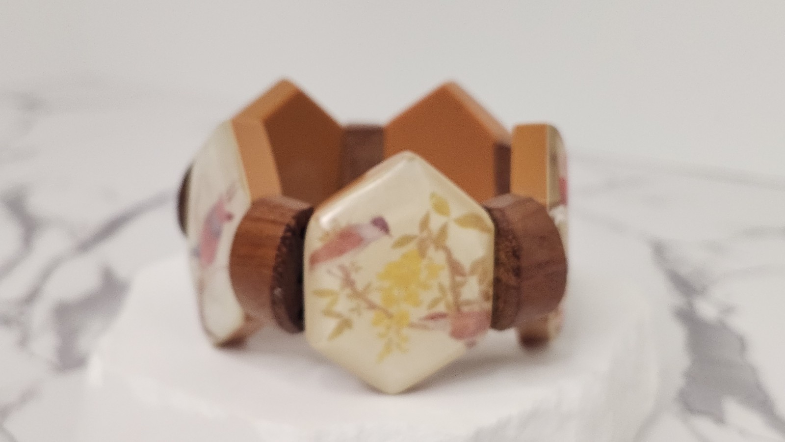 Boho Tropical Wooden Hexagon Tile Bracelet Acrylic Resin Bird Print Statement