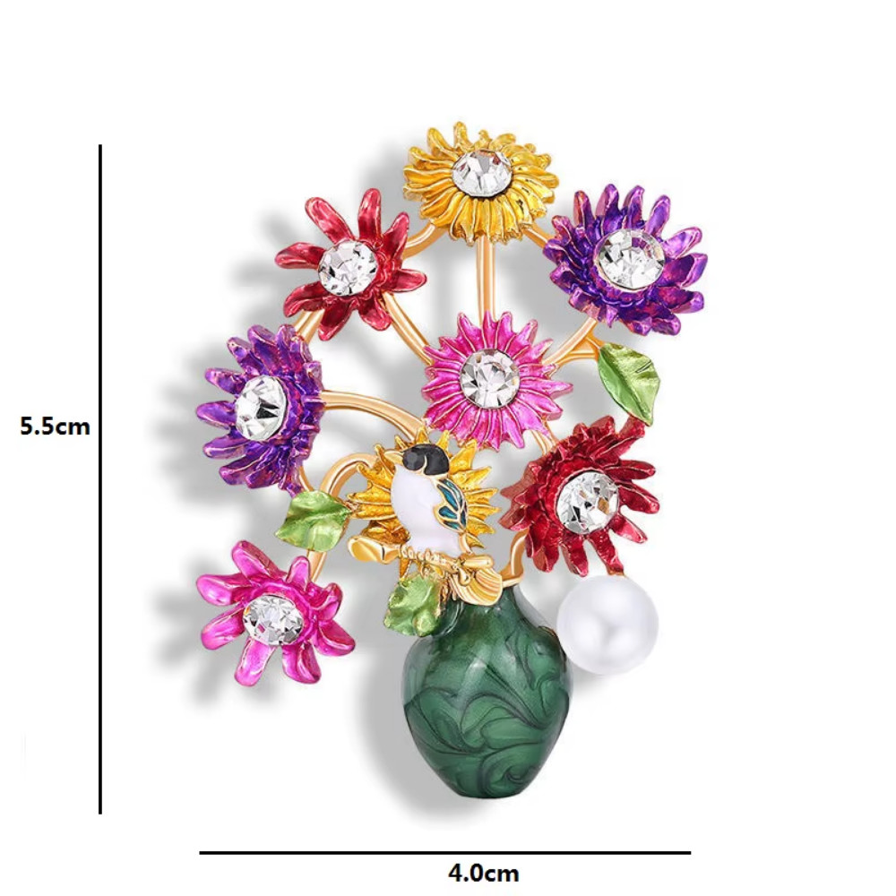 Sparkly Crystal Rhinestone Flower Basket Brooch Bird Gold Pin Mother’s Day Gift