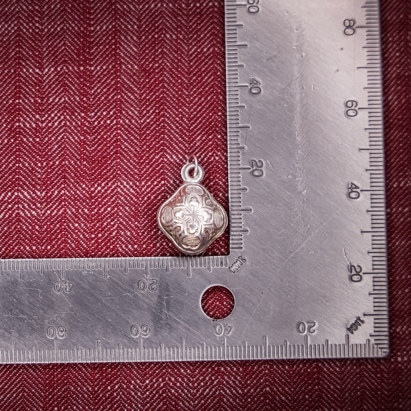 Antique French Puffy Cube Charm Sterling Silver Die Struck Engraved 19th