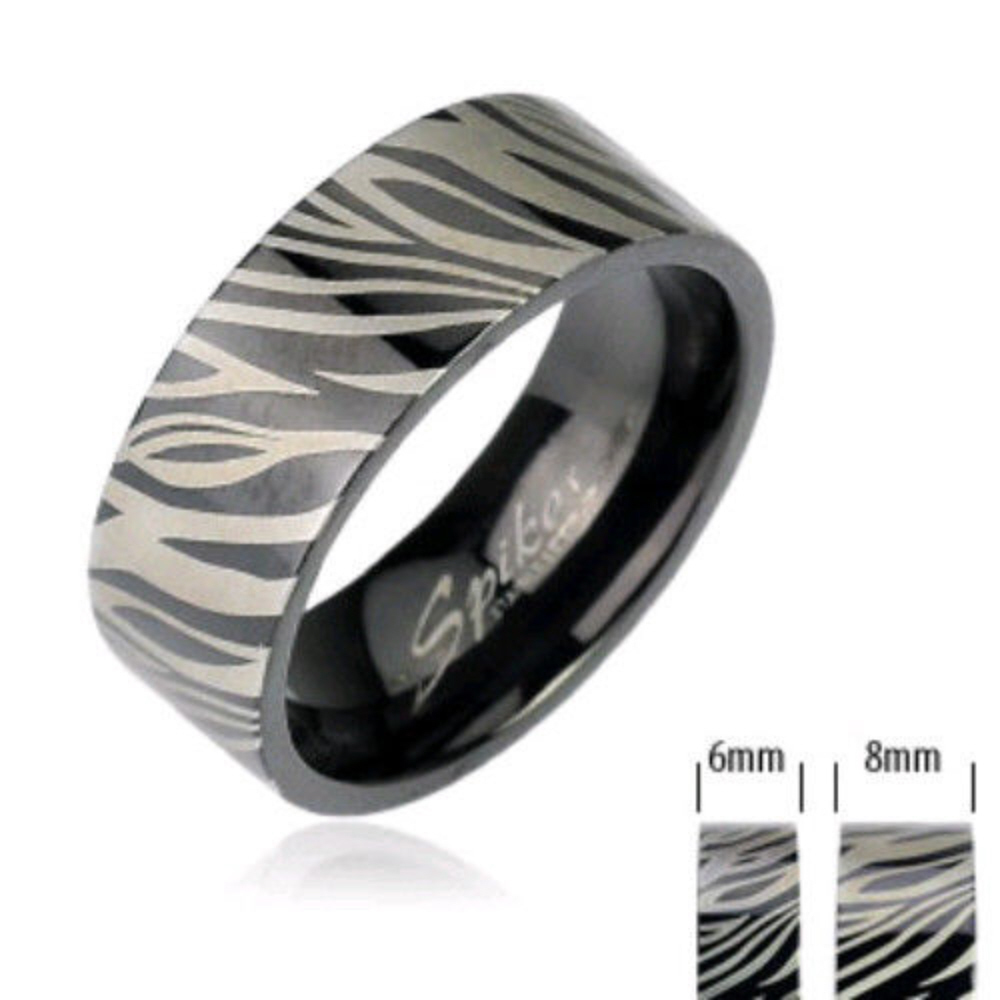 Stainless Steel Black Ion Plated Zebra Animal Print Ring Band Size 9-13 (FL284)