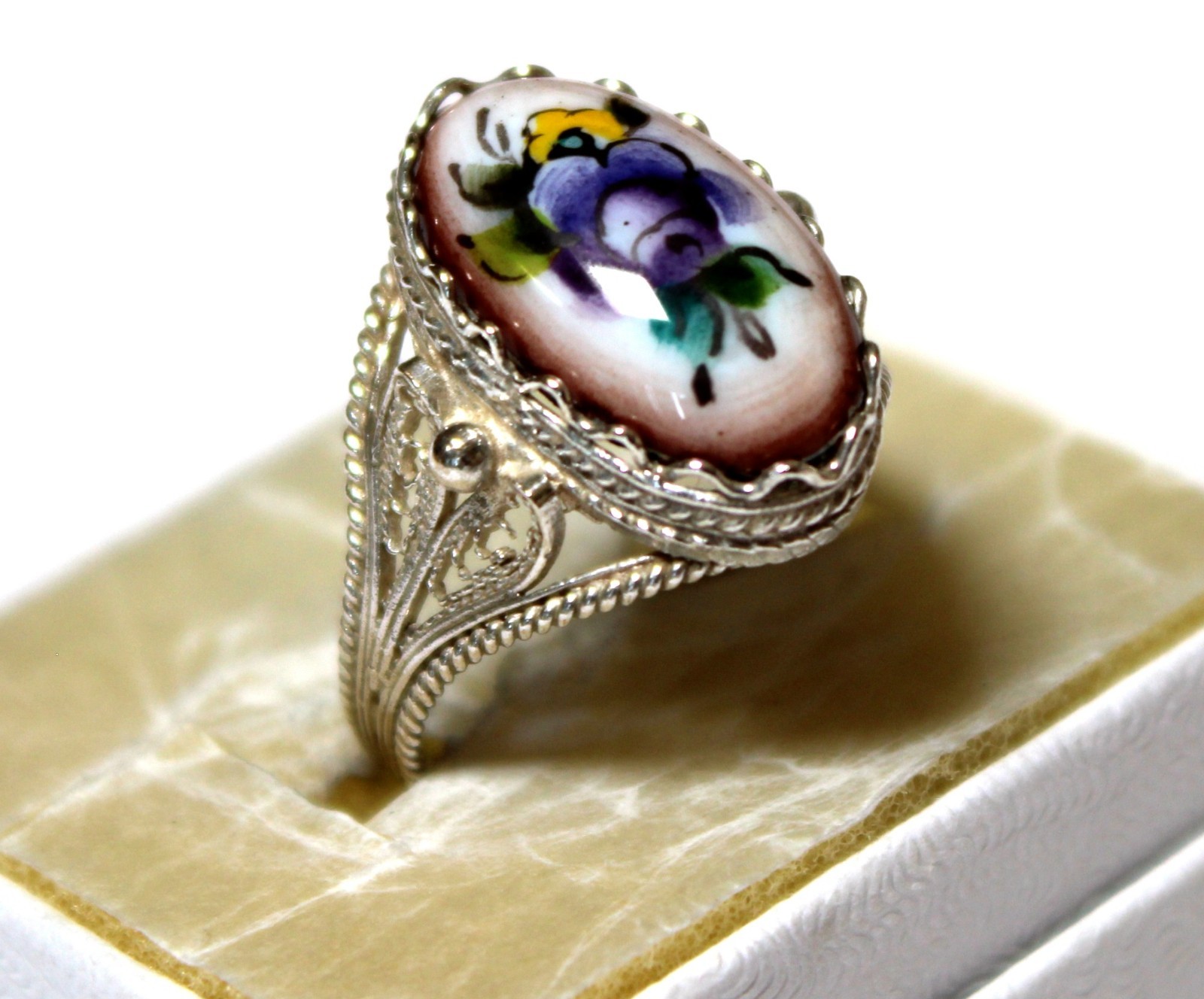 Vintage Russian Hand Painted Enamel Rings 4 Variation Finift Technique #77,83,95