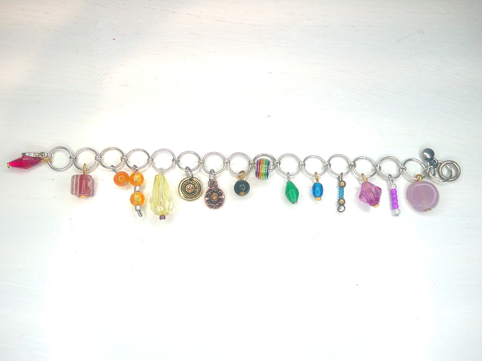 Charm Bracelet Unique Silver tone Upcycled Acrylic Beaded Colorful Petite 6.5 in