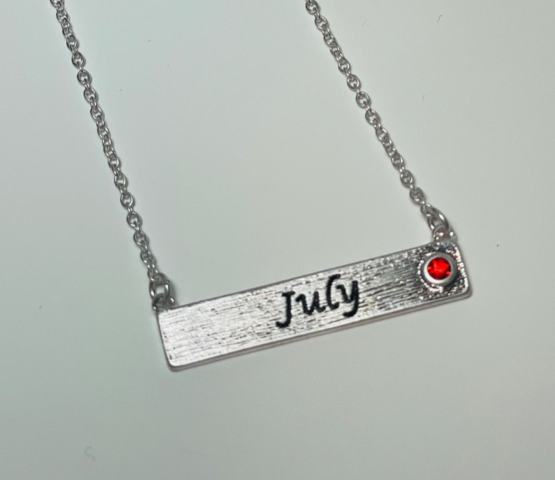 Personalized July Birthstone Necklace Bar Pendant Dainty Silver Plated