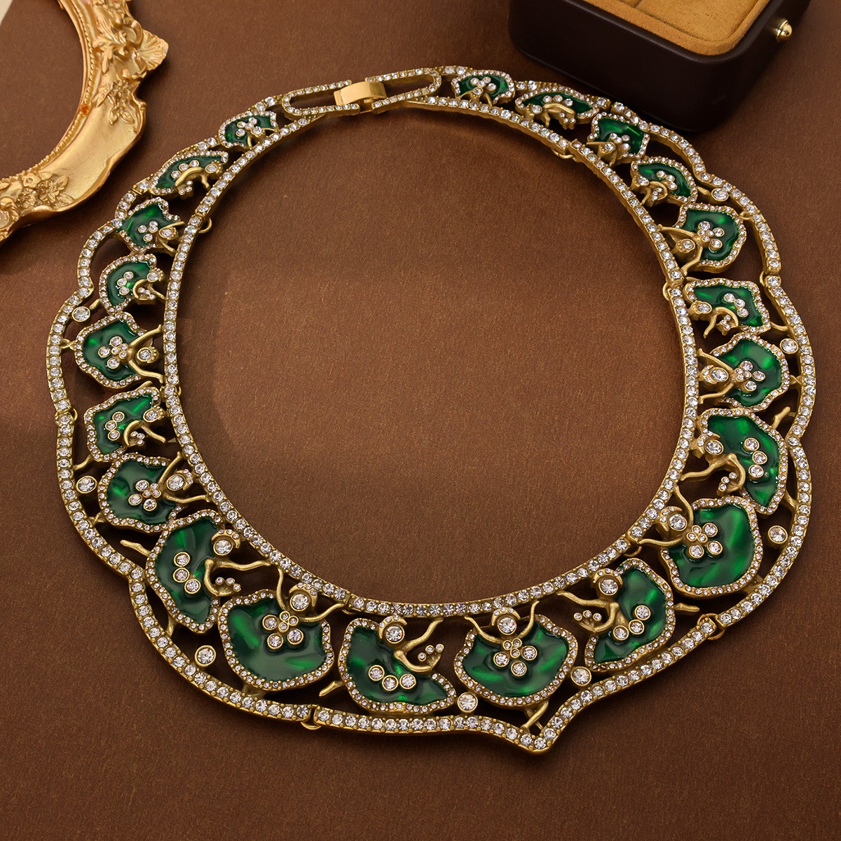 Handmade Enamel Rhinestone Lotus Leaf Bib Collar Necklace & Earrings Jewelry Set