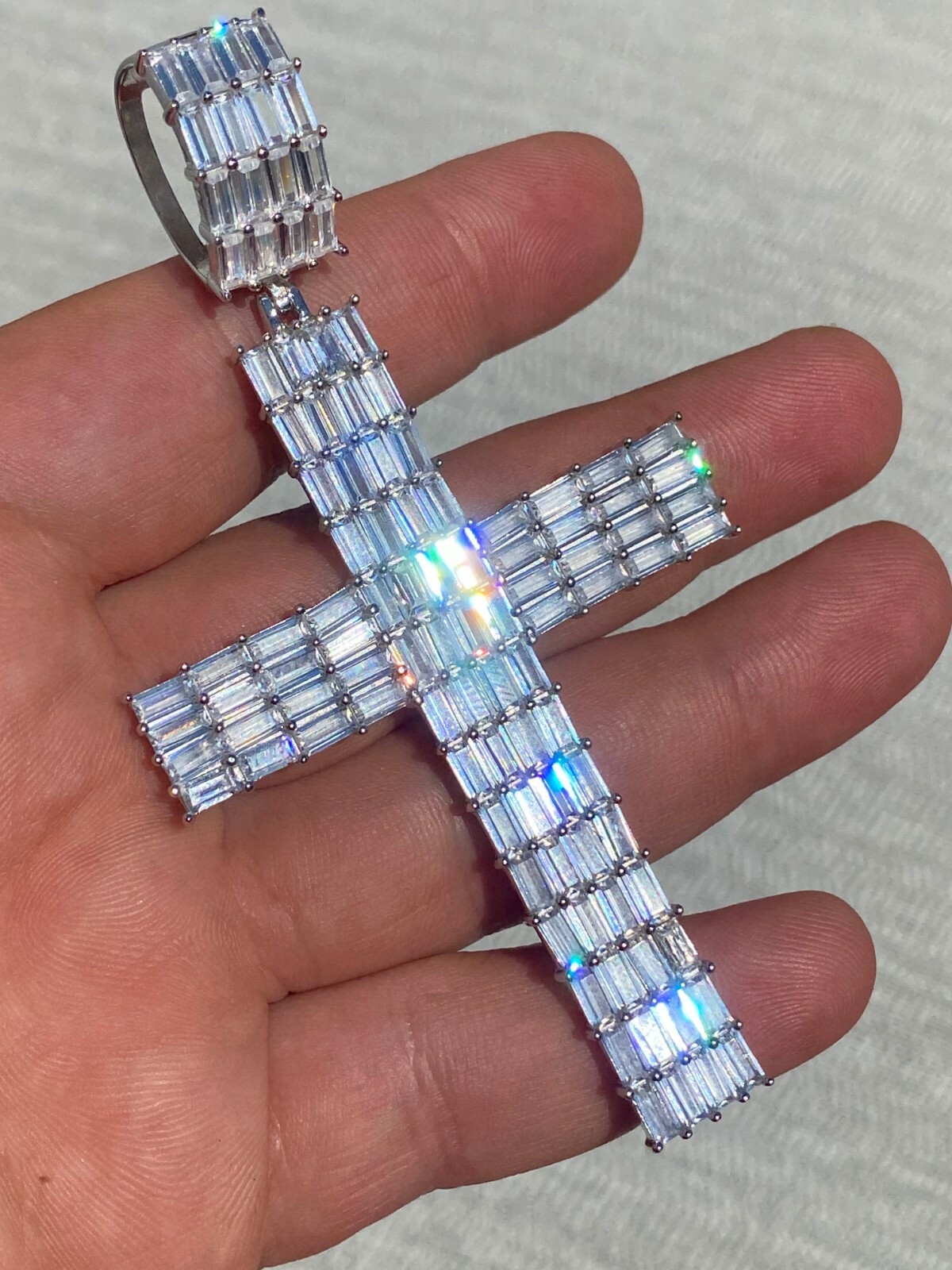 Solid 925 Sterling Silver Cross Pendant Baguette Iced CZ Necklace Hip-Hop