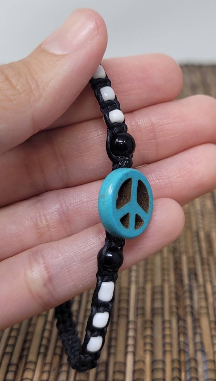 Peace Bracelet Adjustable Black Cord Turquoise Howlite Charm Handmade Unisex