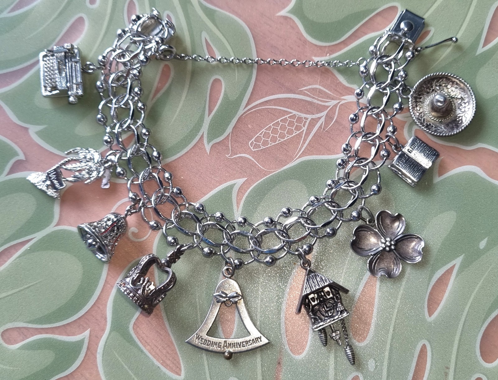 Vintage 46g American Sterling Silver charm bracelet Cuckoo Clock Hawaii typewrtr
