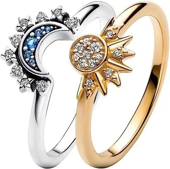 New Celestial Blue Crystal Moon Sun Star Ring Women Elegant Stackable Jewelry