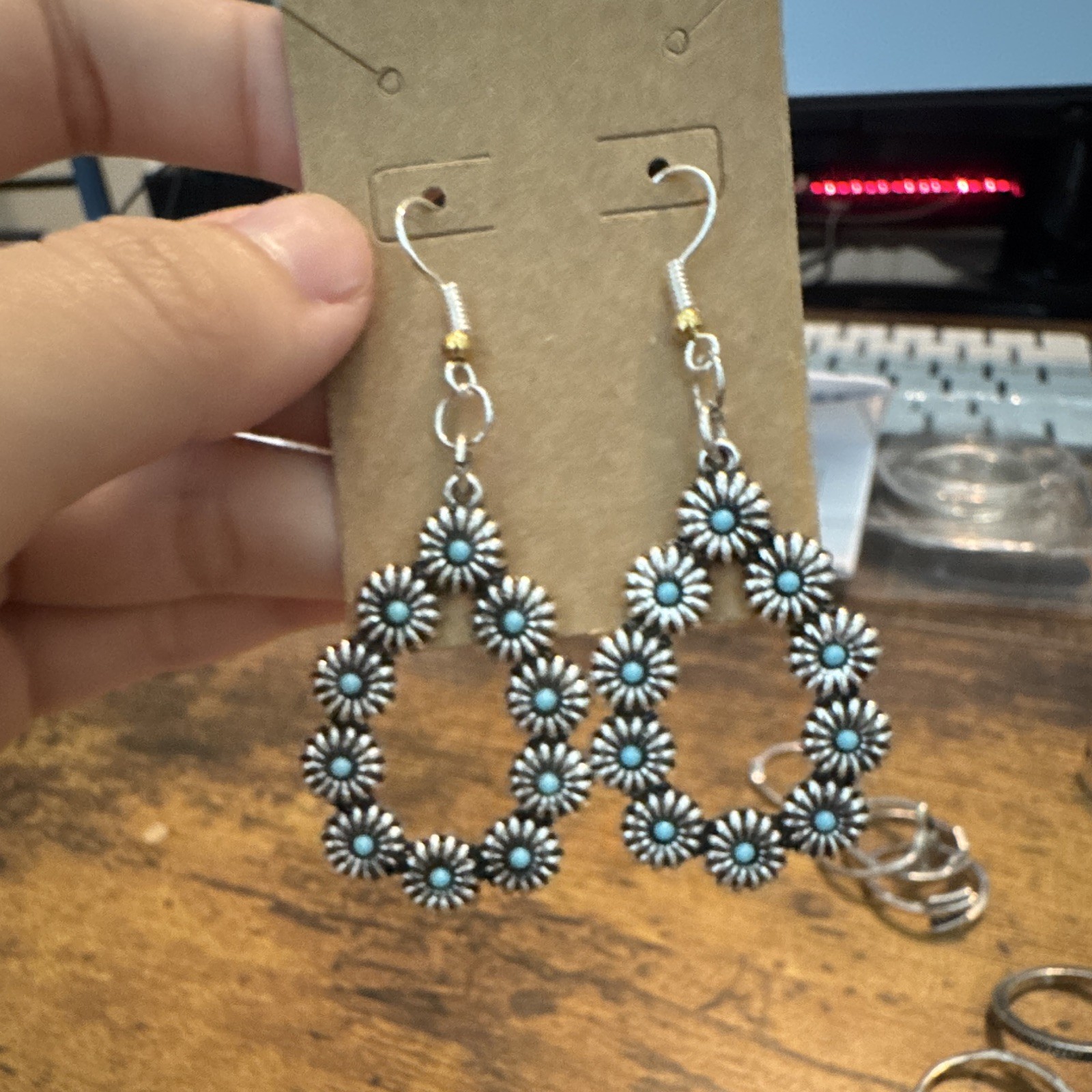 Women’s Silver Tone Blue Flower Teardrop Hook Dangle/Drop Earrings