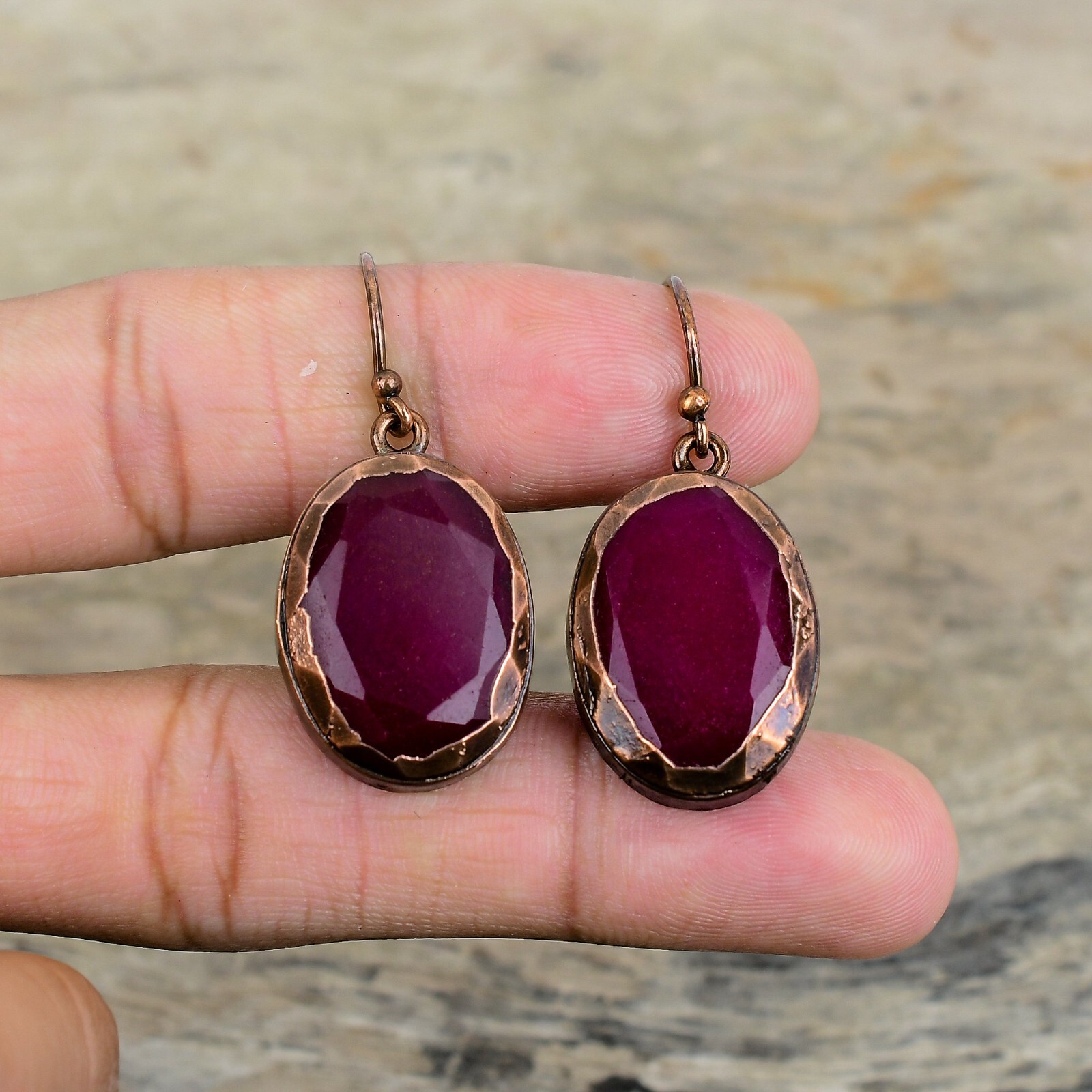 Natural Kashmir Rubi Copper Bezel Dangle Electroformed Daughter Earrings Jewelry