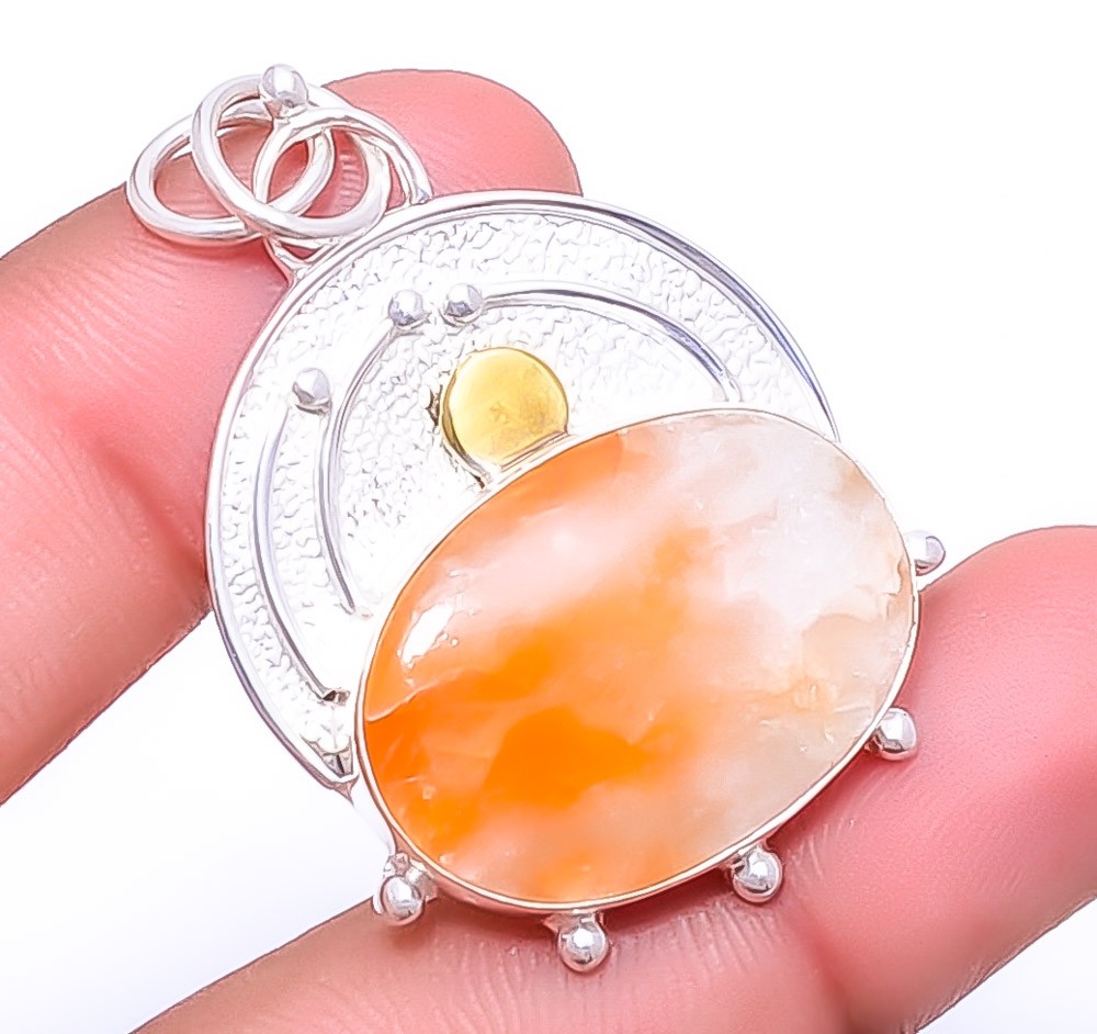 Orange Calcite- Peru 925 Sterling Silver Pendant 1.72″ P78, Christmas Gift