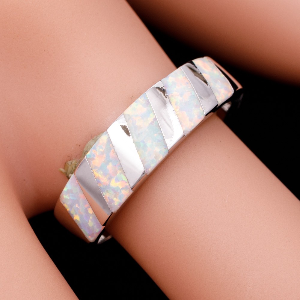 Diagonal Stripes White Fire Opal Silver Jewelry Women Band Ring Size 6 7 8 9