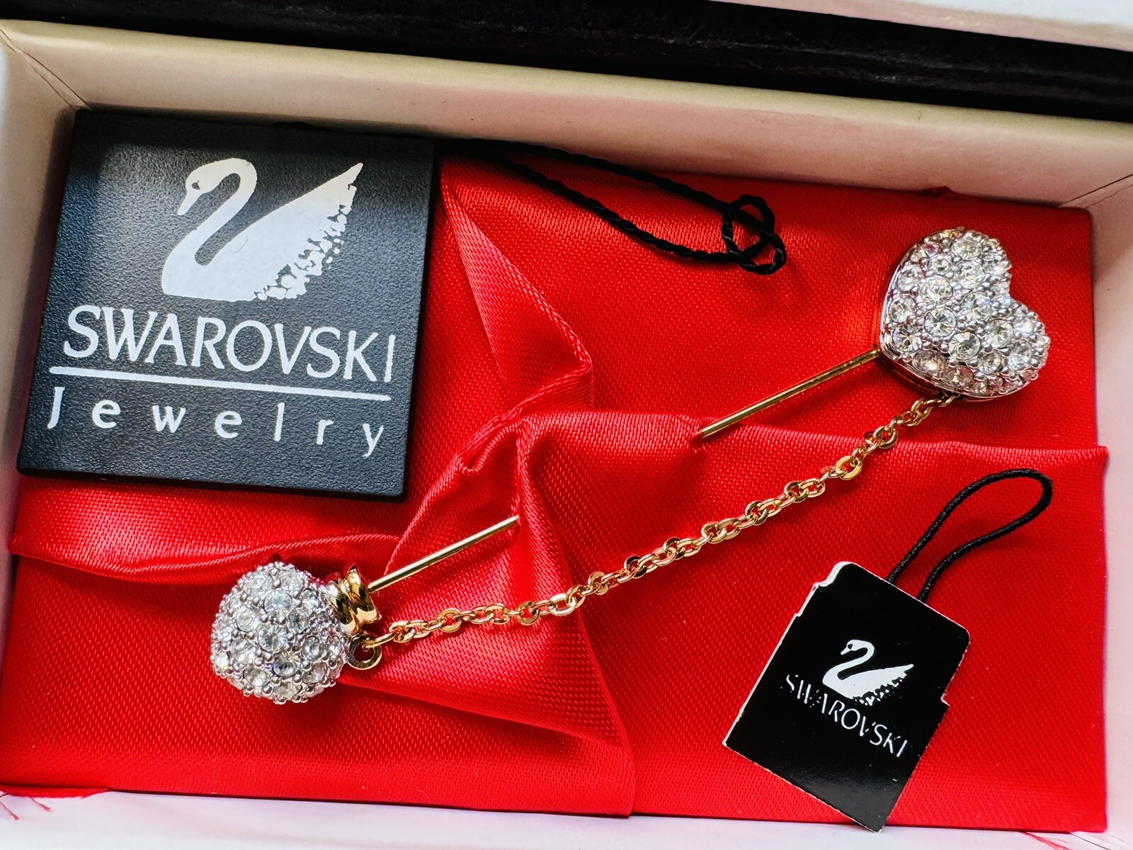 Vintage Swarovski Paved Crystal Heart Stick Pin Gold Tone Swan Hallmark W/ Box